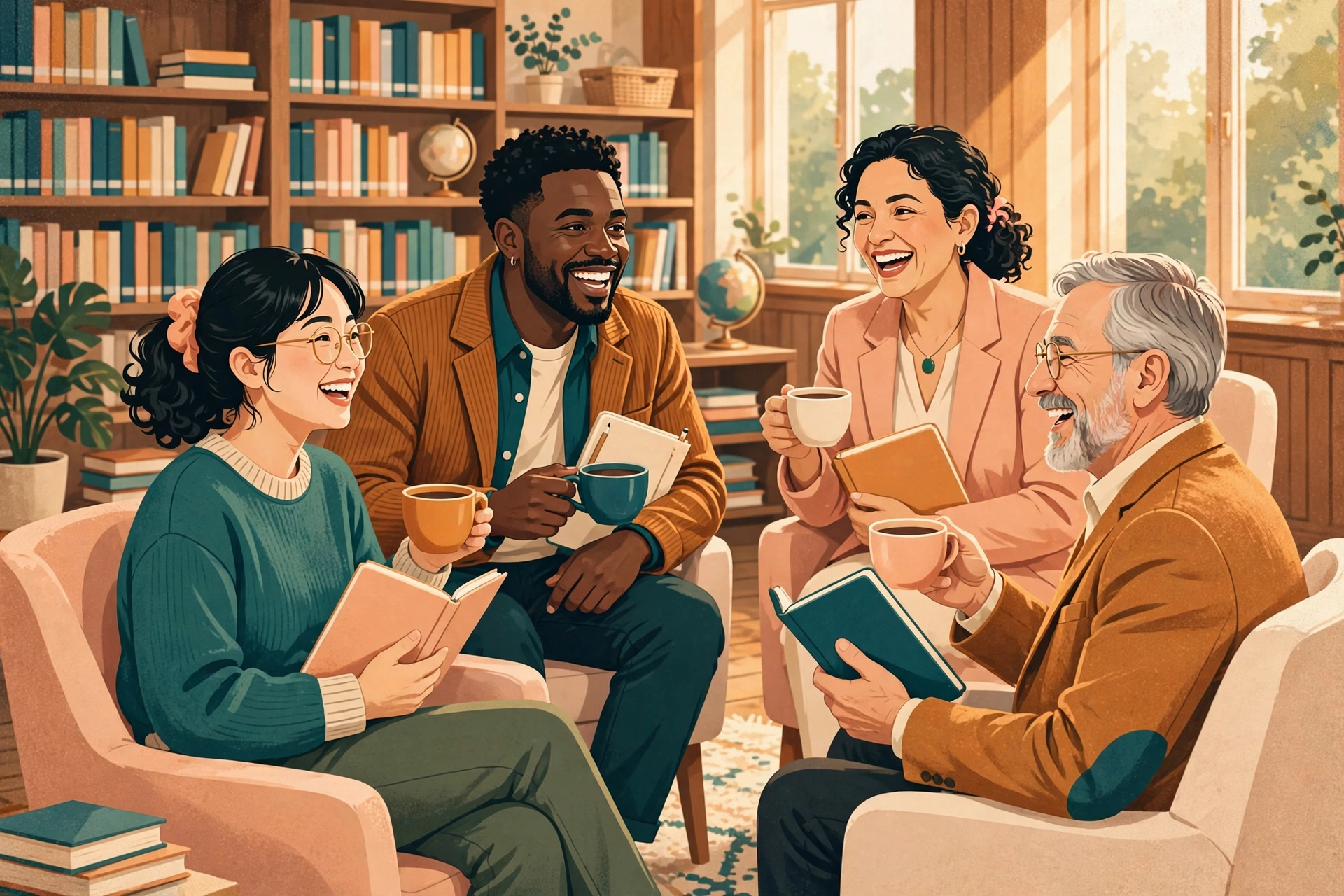 Illustration of four educators laughing together over coffee and notebooks in a school library