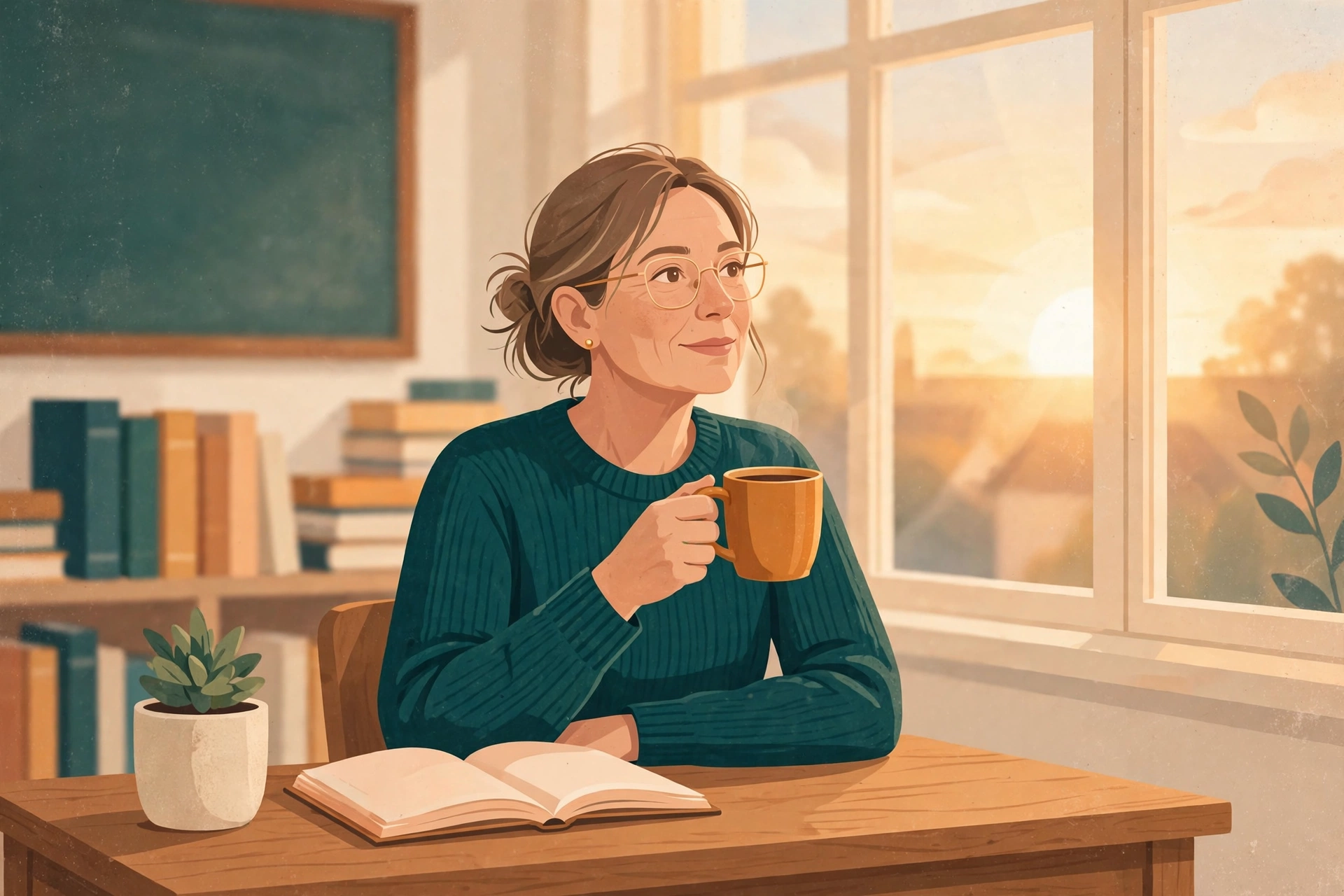 Illustration of a teacher with a mug of coffee and an open journal at her desk, morning light streaming through classroom windows